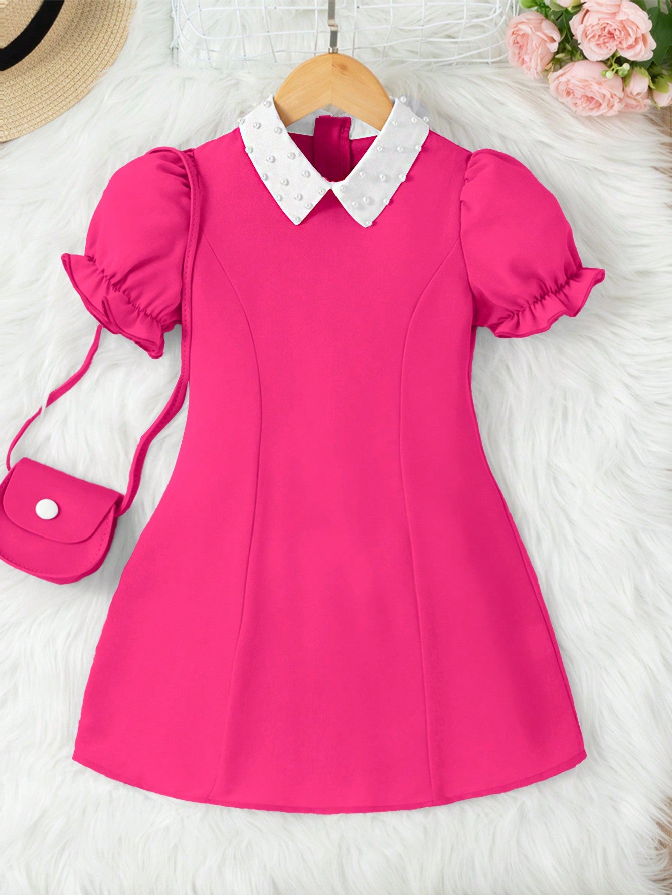 Young Girls' White Pearl Puff Sleeve Dress