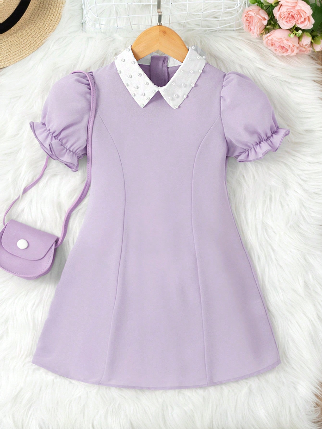 Young Girls' White Pearl Puff Sleeve Dress