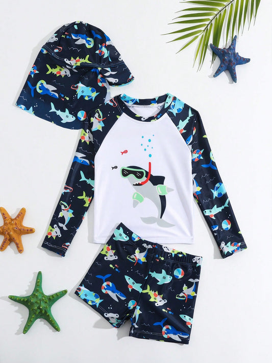 Young Boy Holiday Style Cartoon Shark Print Long Sleeve Swimsuit, Shorts, And Cap 3pcs Set