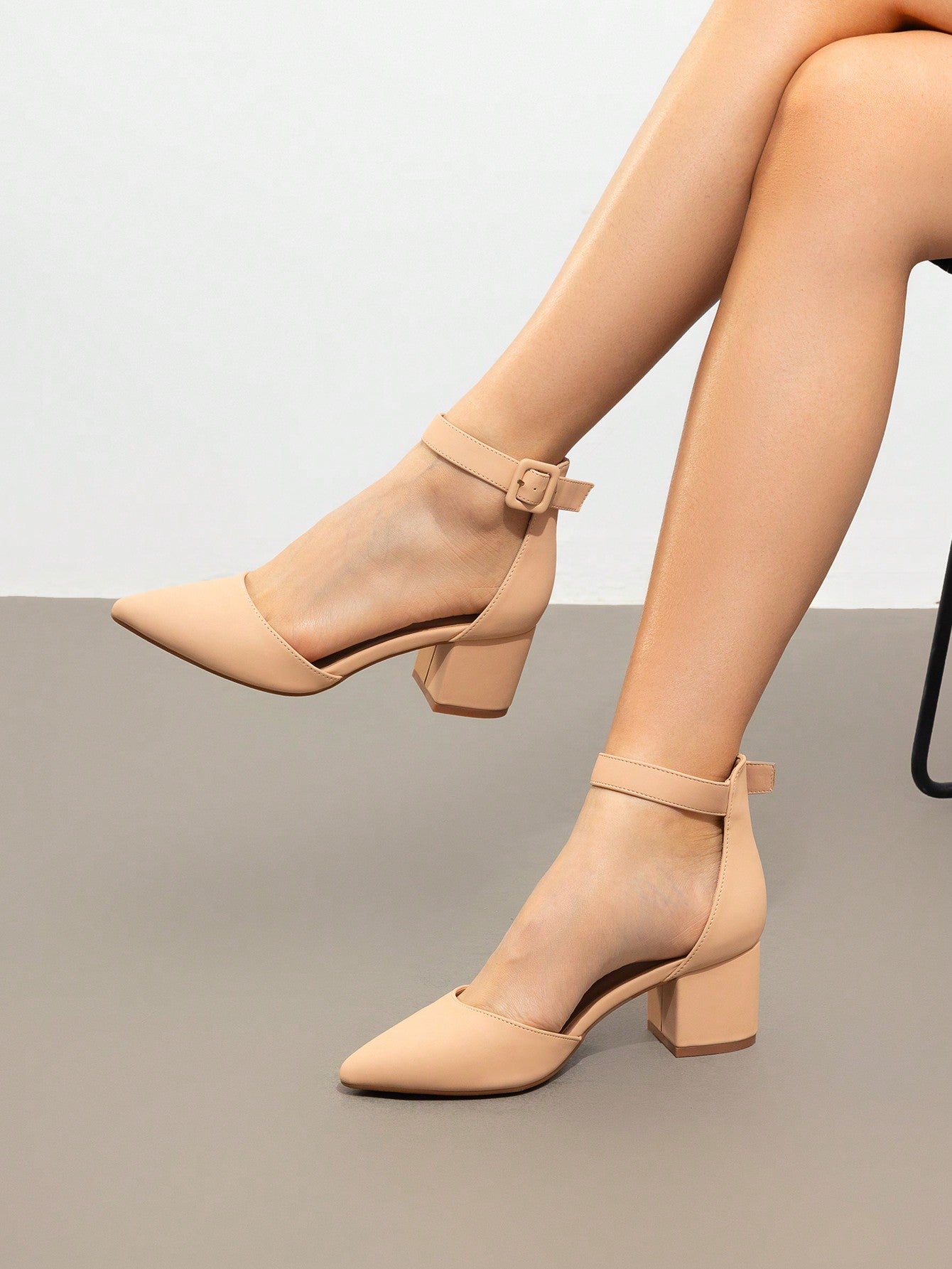 Women Pointed Toe Low Chunky Heels Pumps Ankle Strap Elegant Versatile Simple Shoes