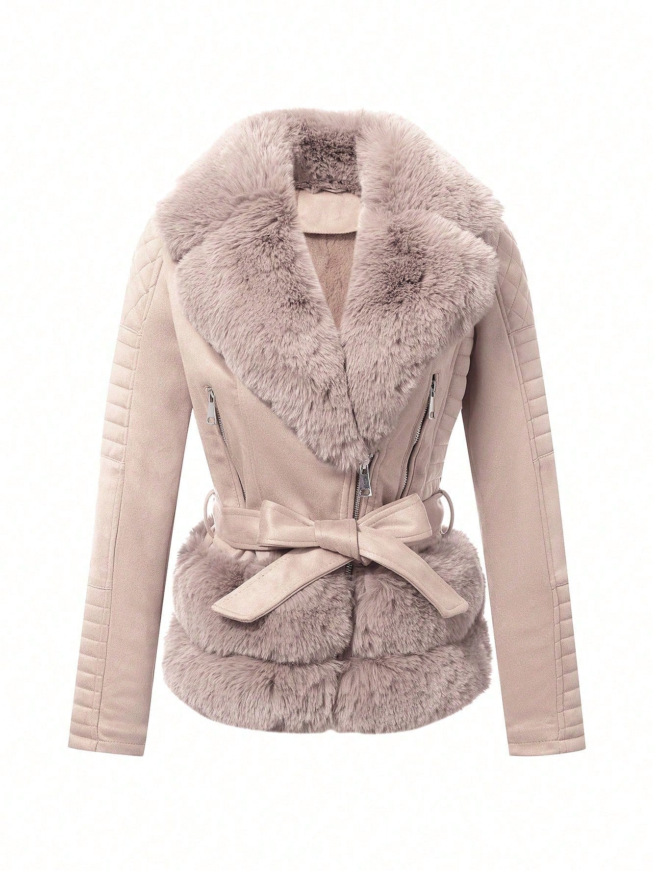 Women's Elegant Faux Fur Collar Suede Short Coat With Waist Belt (Faux Fur), Autumn/Winter