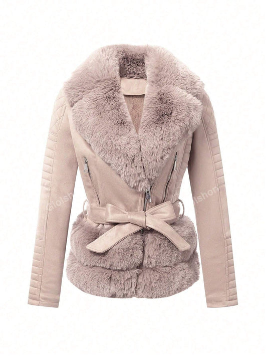 Women Autumn Winter Warm Elegant Short Faux Suede Fur Collar Jacket With Cinched Waist (Faux Fur)