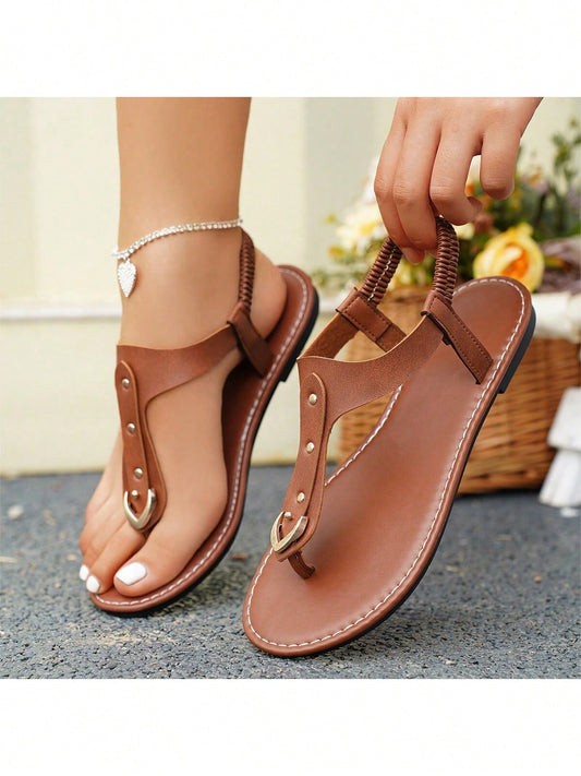 Women's Slip-On Round Toe Flat Sandals With Studs, Hollow Out Anti-Skid Open Toe Flat Sandals, Outdoor Flat Slippers