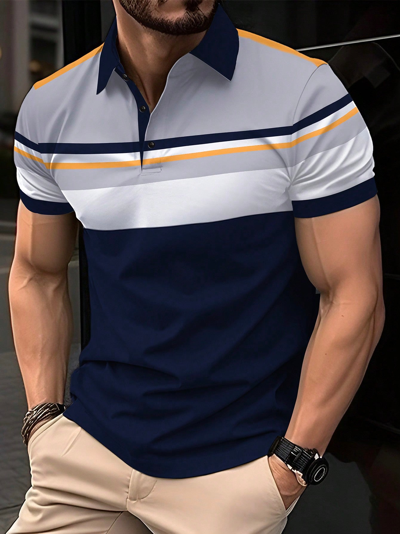 Men's Fashionable Striped Short Sleeve Polo Shirt, Simple Style