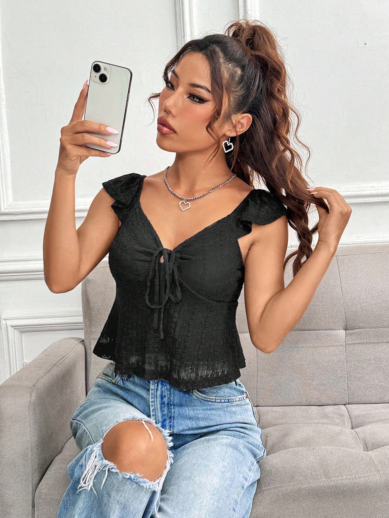 Lace-Up Sweetheart Neckline Top