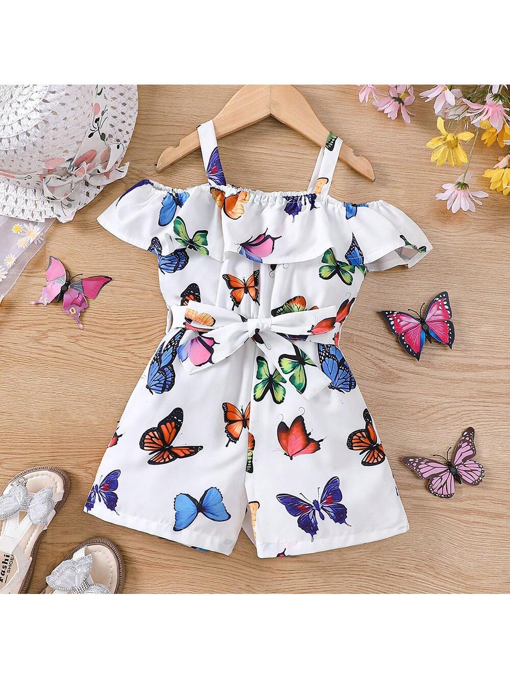 Young Girls' Casual Butterfly Printed Crop Jumpsuit For Summer