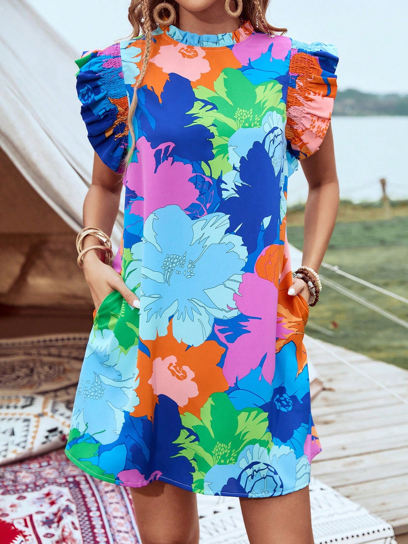 Princess Sleeve Ruffle Tropical Floral Dress With Pocket For Holiday & Casual