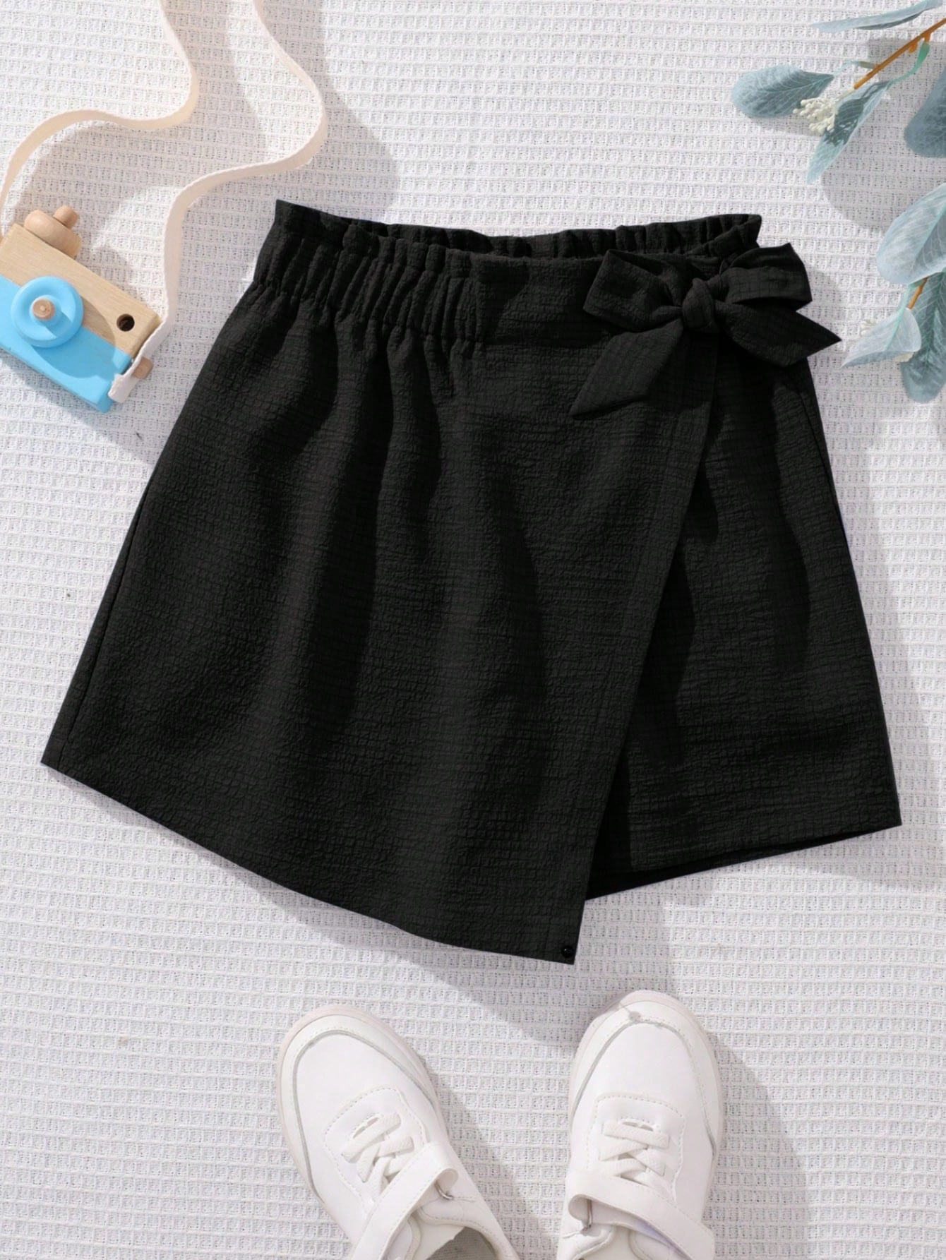 Tween Girl's Woven Solid Color Elastic Waist Bow Decoration Loose Casual Pantskirt