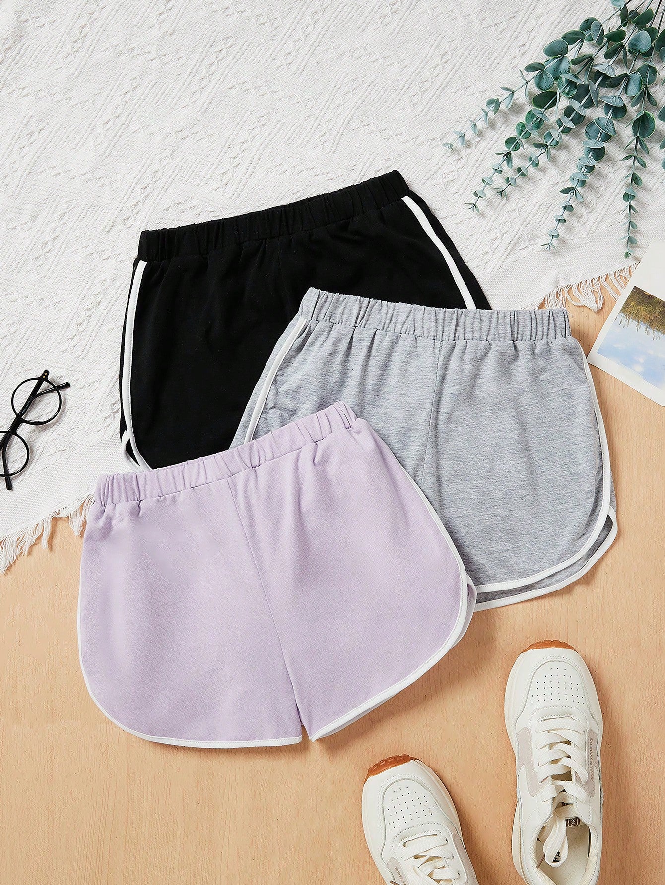 3pcs/Set Knitted Color-Block Loose-Fit Shorts With Contrast Hem For Tween Girls