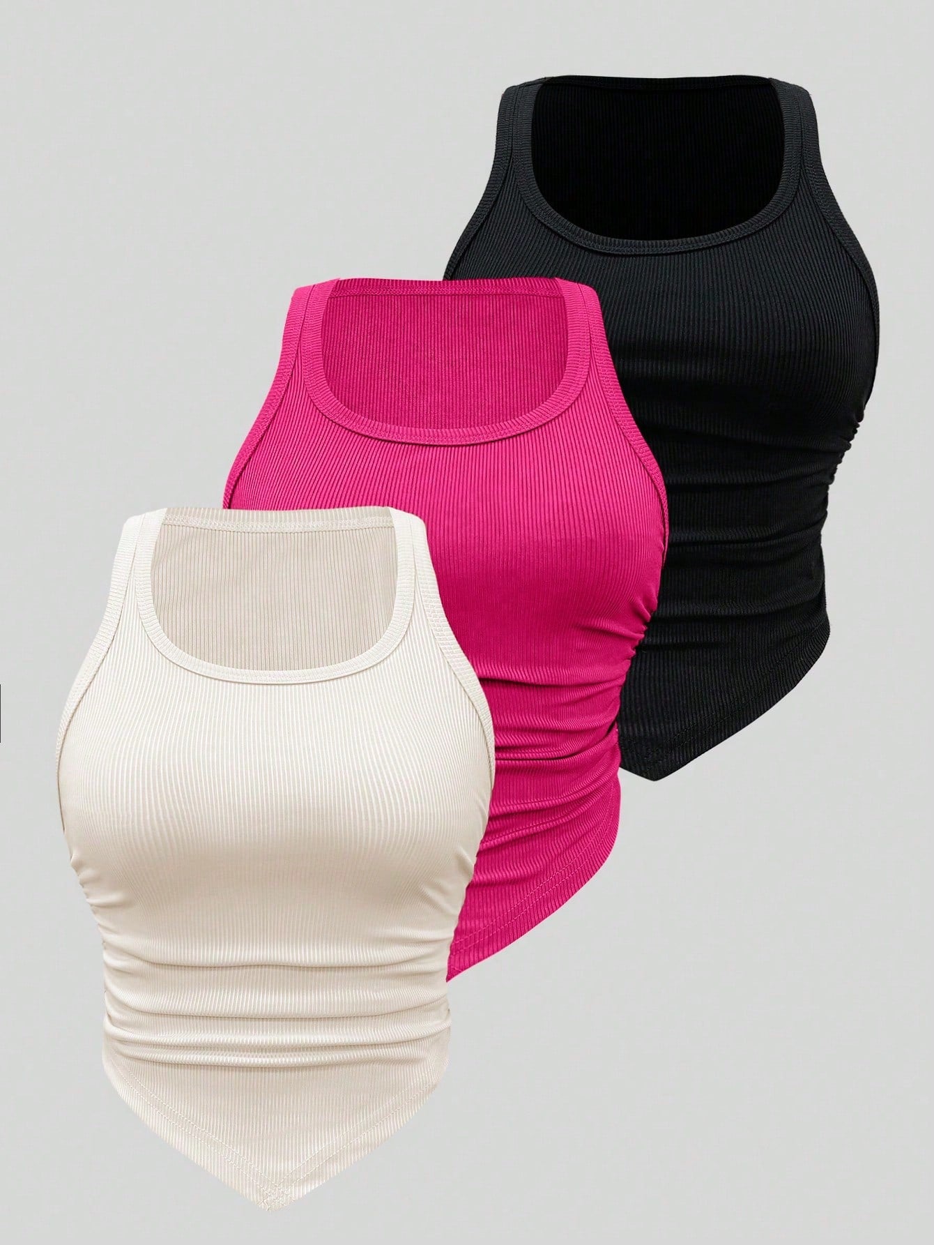 Solid Colored Rib Knit Asymmetrical Hem Pleated Tank Top Set, Multiple Colors Available