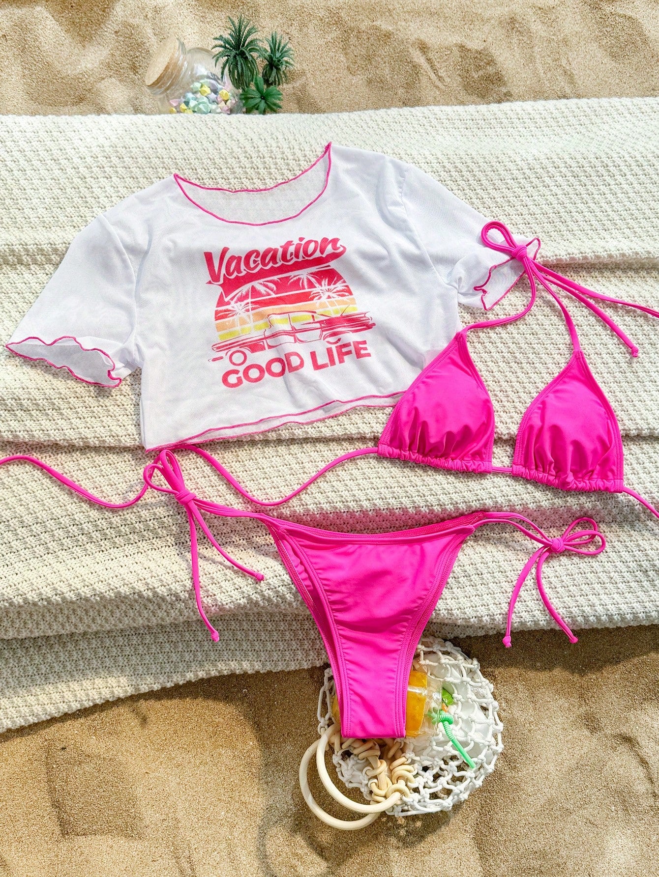 Swim Vcay Vacation Good Life Printed 3-Piece Swimwear Set, String Bikini Outfit Beach Swimsuit Bathing Suit Summer,Summer Beach