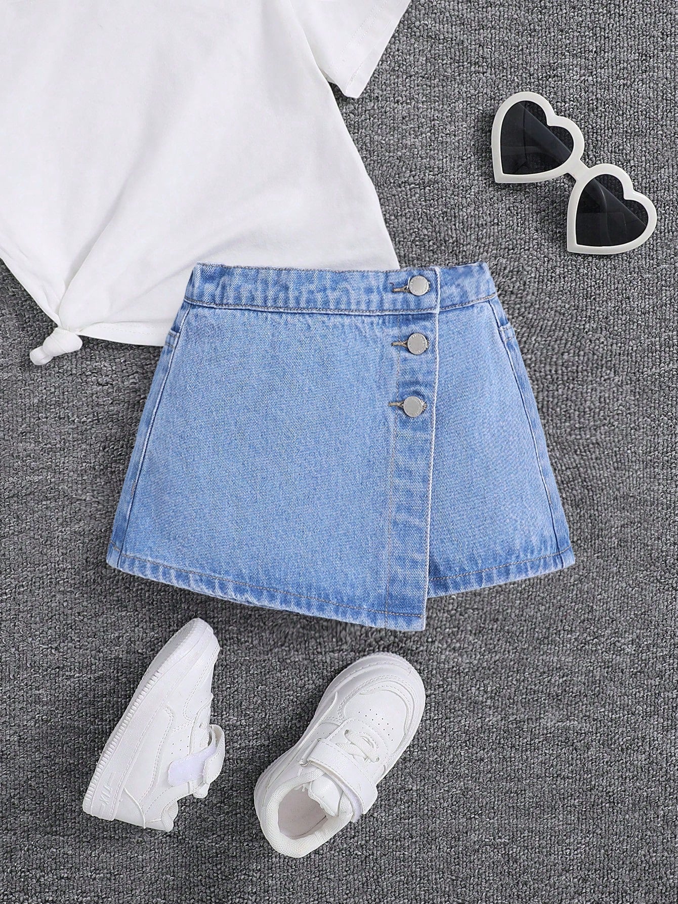 Young Girl Front Button Wrap Cross Asymmetric Hem Solid Color Denim Shorts