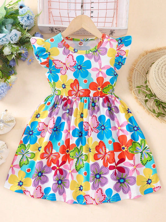 Young Girl Floral Print Ruffle Hemmed Dress