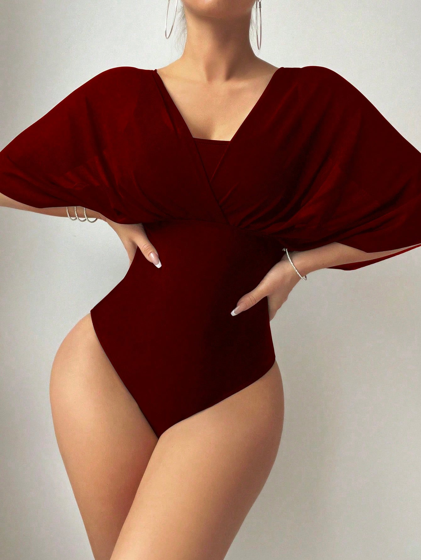 Swim Summer Beach Solid Color One Piece Swimsuit With Batwing Sleeves Carnival