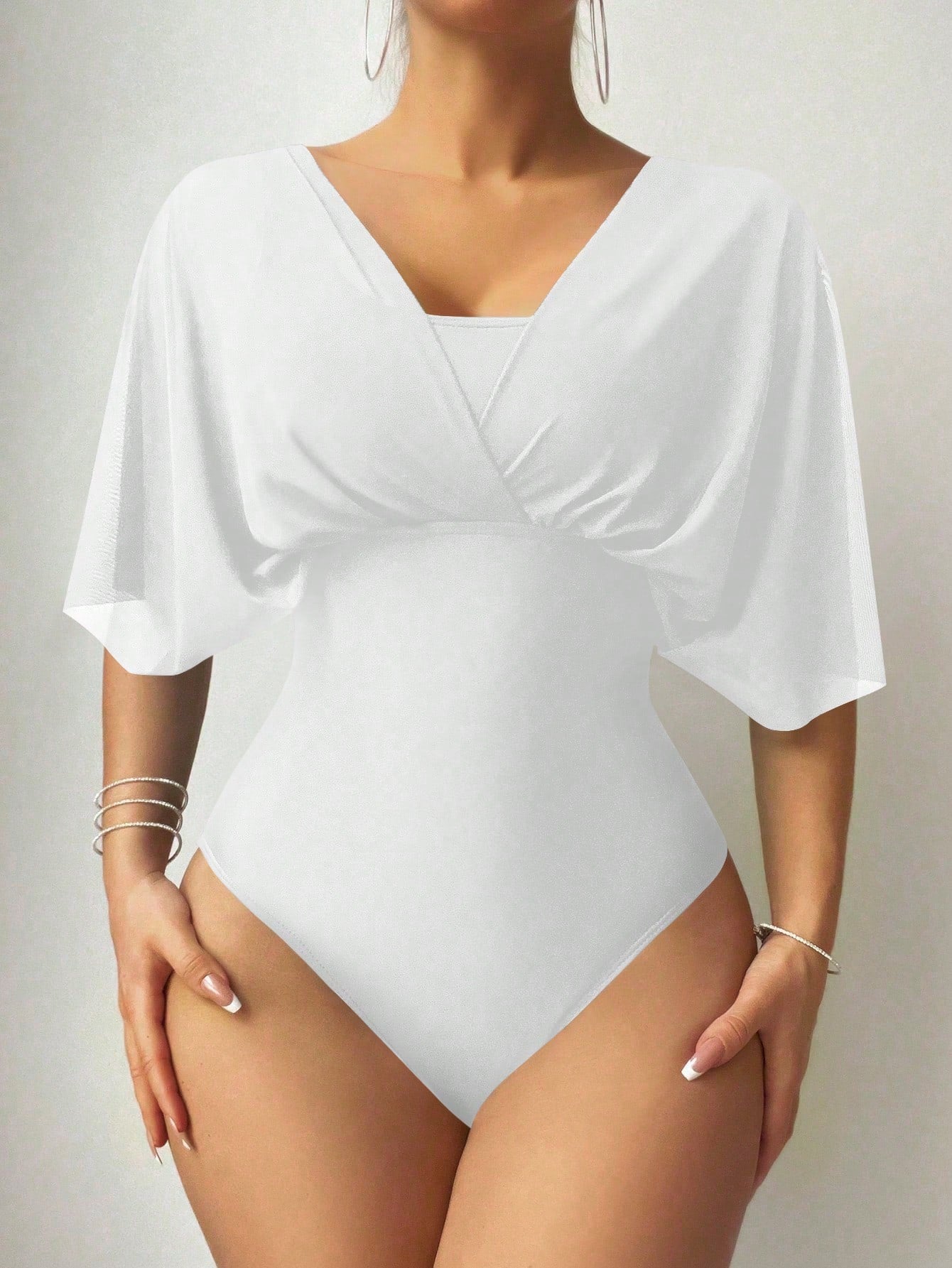 Swim Summer Beach Solid Color One Piece Swimsuit With Batwing Sleeves Carnival