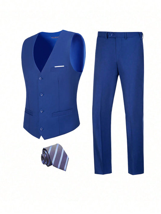 Men Button Up Vest Blazer & Suit Pants & Tie