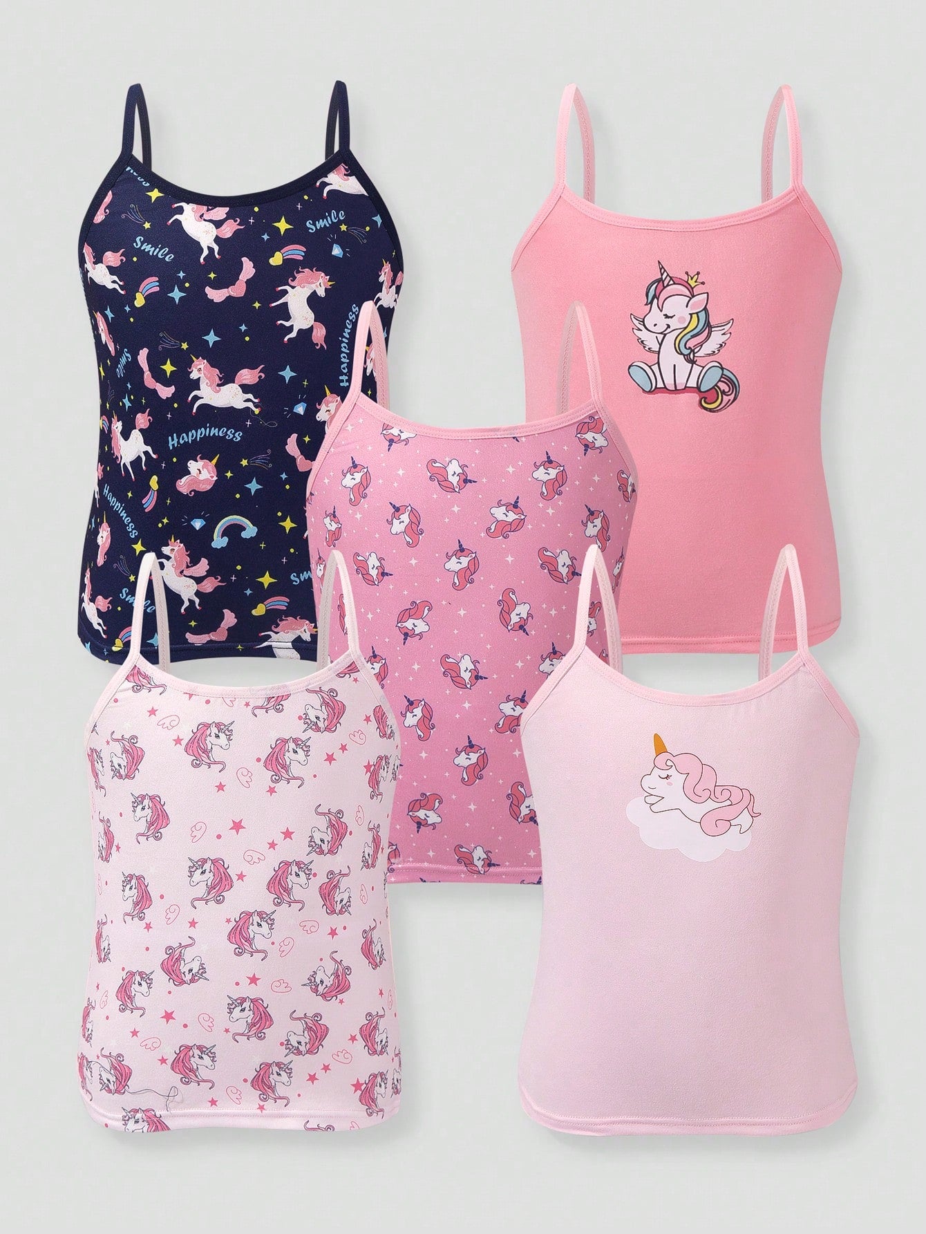 Tween Girl 5pcs/Set Unicorn Print Camisole Tank Tops