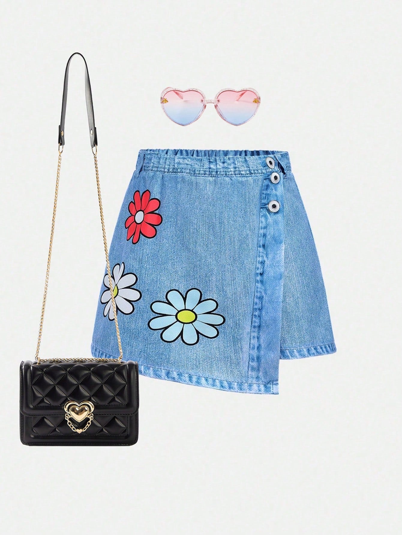 Young Girl Woven Denim-Look Jumpsuit Skirt With Plain Color, Casual