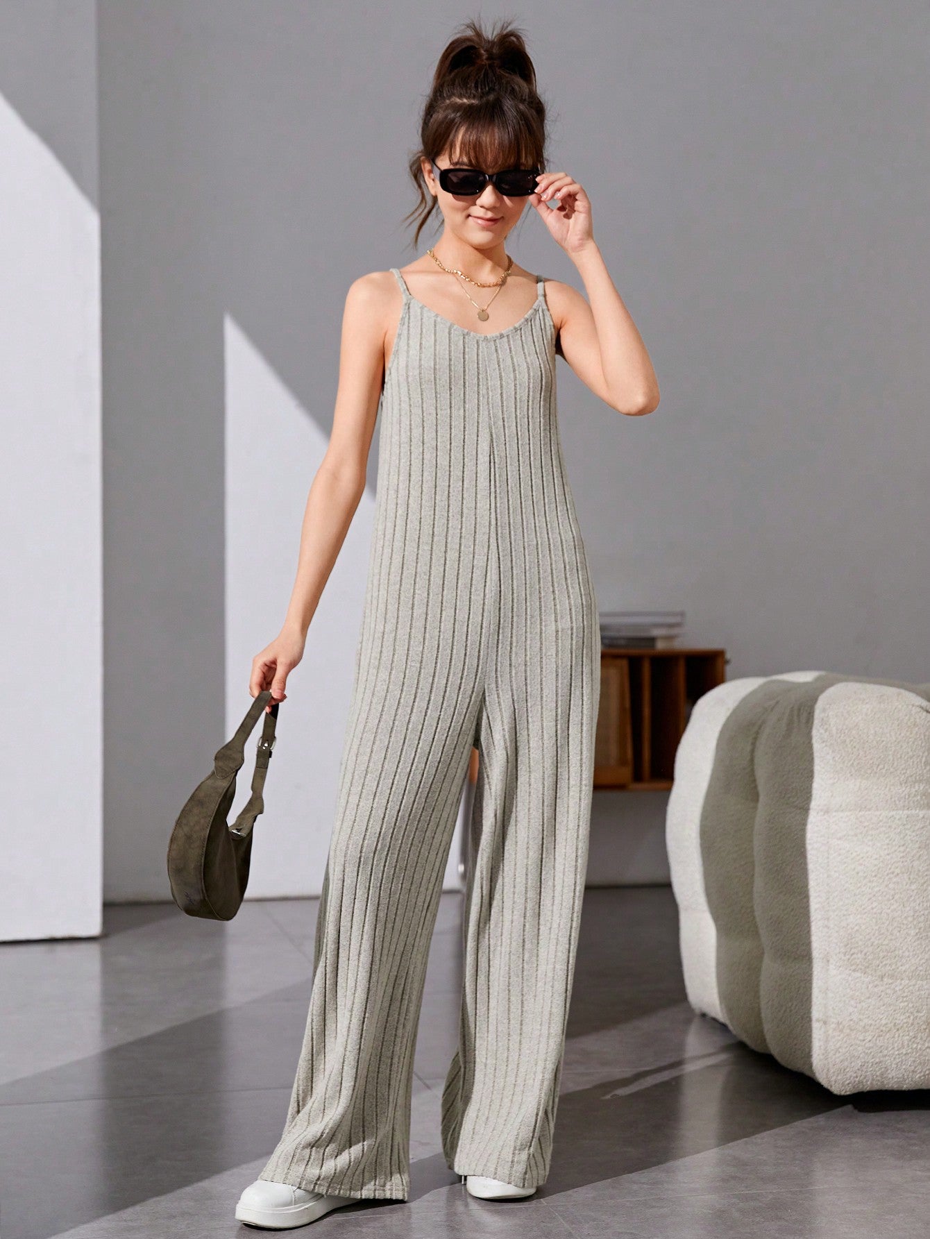 Teen Girls' Solid Color Ribbed Knit Strappy Sleeveless Jumpsuit