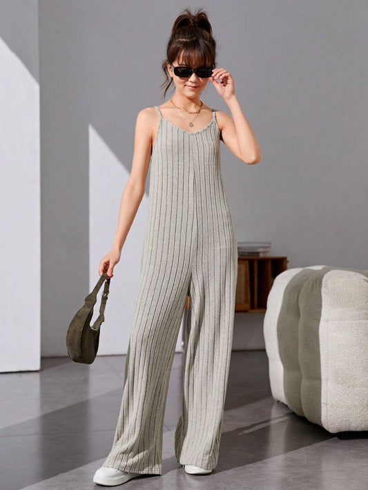 Teen Girls' Solid Color Ribbed Knit Strappy Sleeveless Jumpsuit