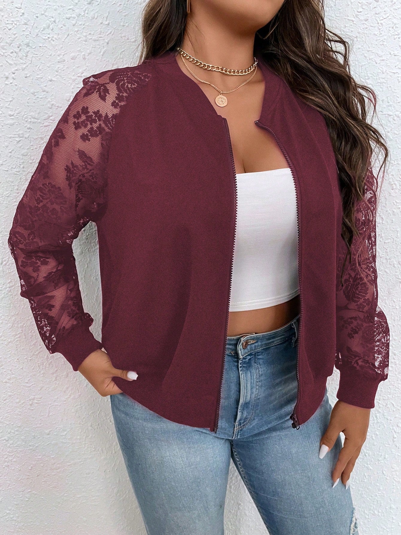 Plus Size Lace Patchwork Zipper Jacket