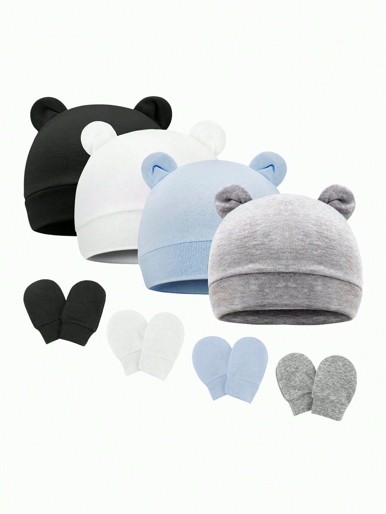 4sets Baby Hats And Mittens Infant Beanie Gloves NoScratch Set Newborn Hospital Hat For Boys Girls