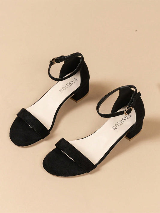 Teenage Girls' High-Heeled Sandals With Open Toe And Ankle Strap In Black, Large Size, Medium Heel