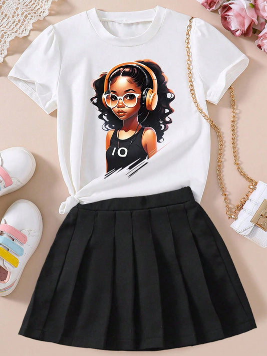 Tween Girl Cartoon Girl Pattern Printed Short Sleeve T-Shirt And Solid Color Pleated Skirt Set