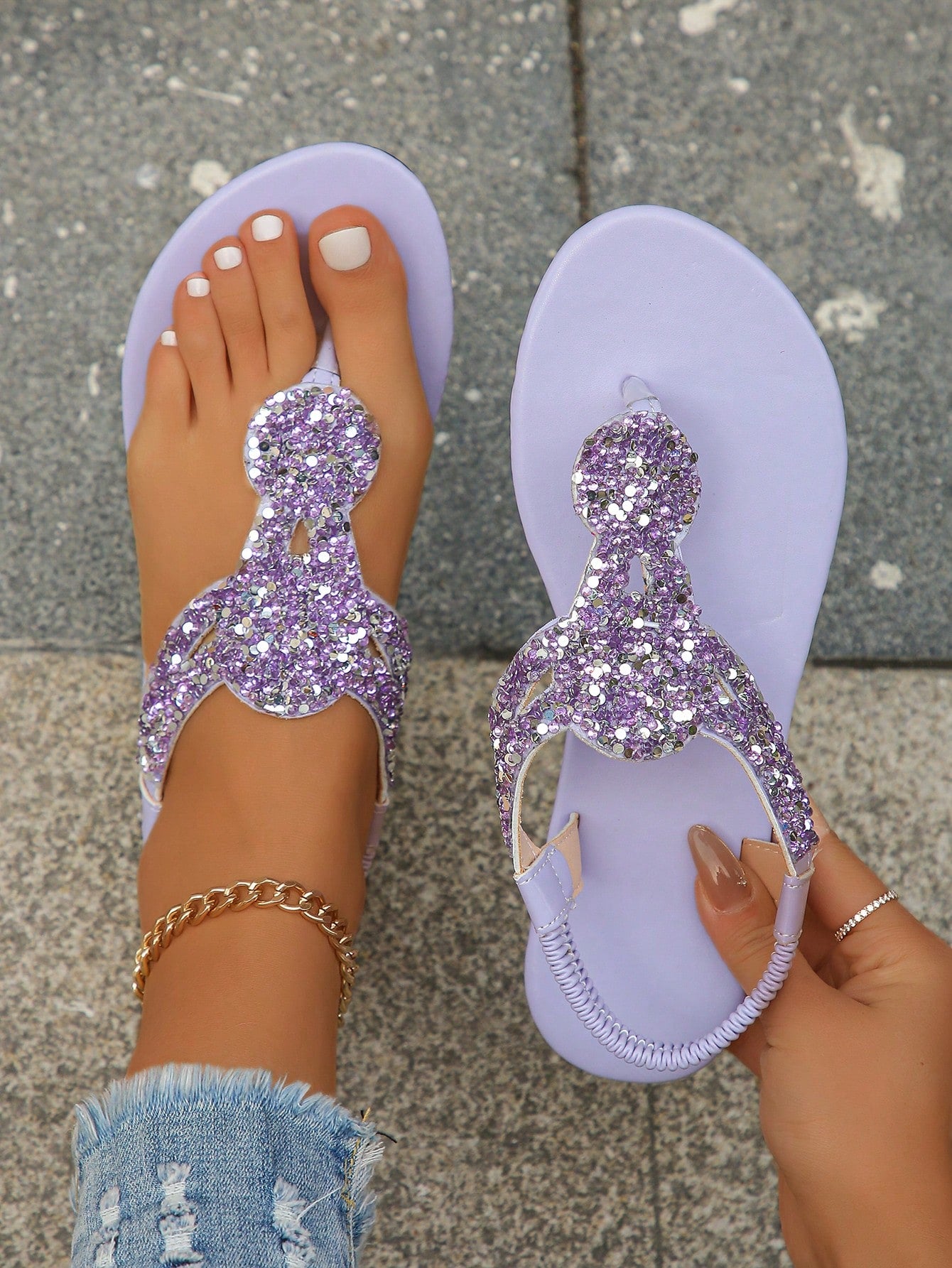 Plus Size Women's Orange Round Toe Flat Sandals, Sizes 35-43, Perfect For Summer, Champagne Silver Rhinestone Embellished Toe Ring, Lightweight And Fashionable For Outdoor Wear