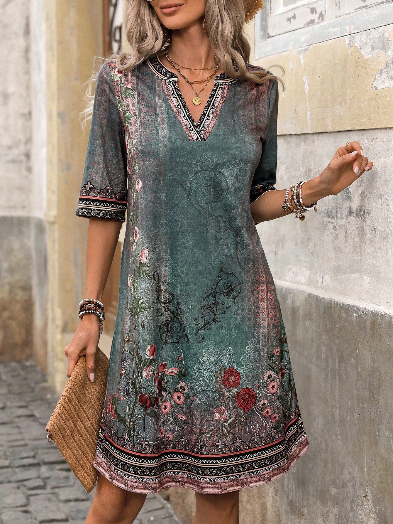 Women Elegant Casual Printed Flower V-Neck Short Sleeve Dress For Summer