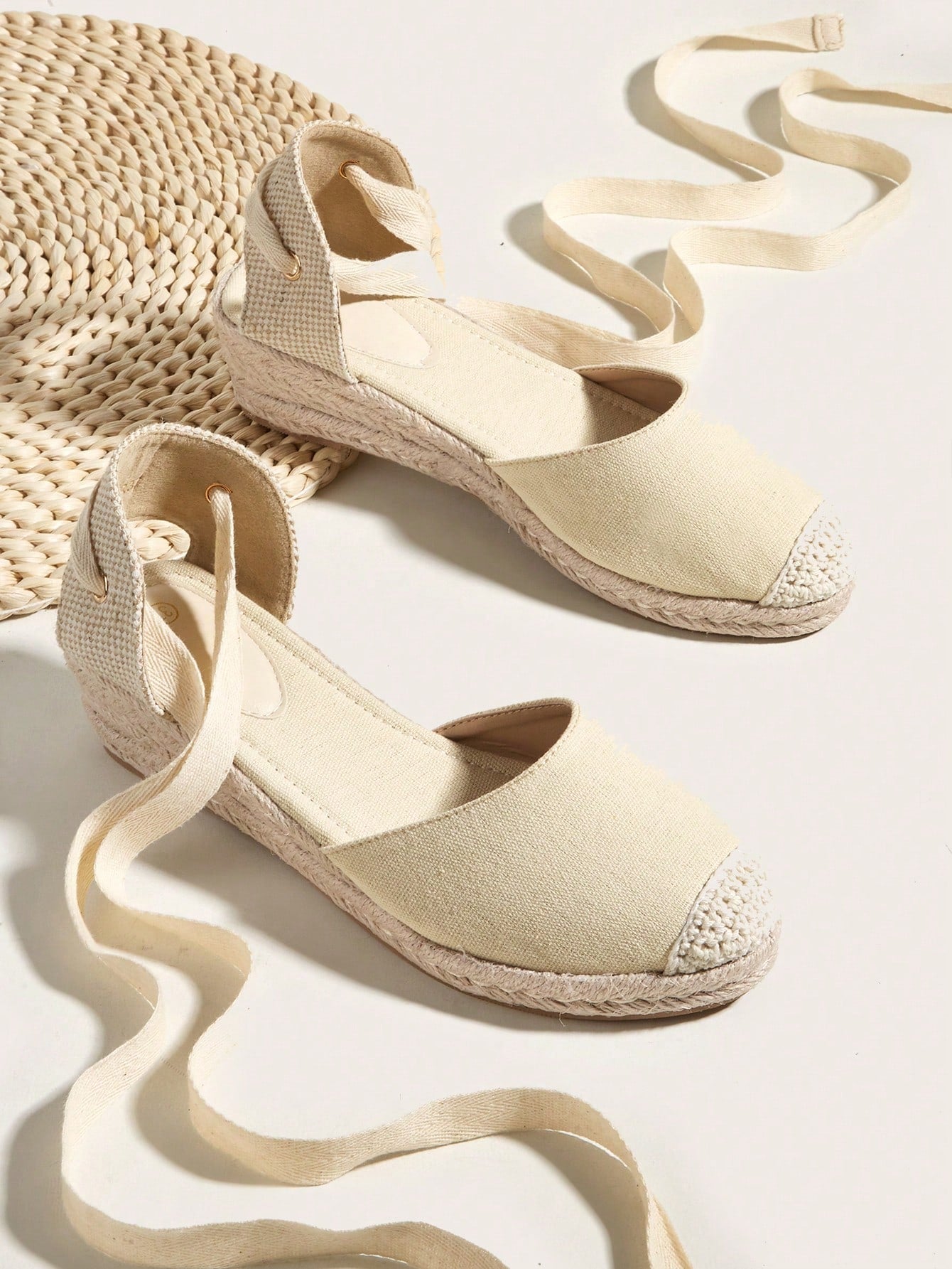 Apricot-Colored Fisherman Shoe Toe Simple & Lightweight Ladies' Single Summer Shoes Comfortable & Versatile Handmade Woven Straw Bottom Long Ties Small Wedge Heel Shoe