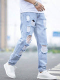 Men Cotton Ripped Frayed Cut Out Jeans Straight Leg Long Light Jean Cargo Plain Blue Party Street Wear Friends