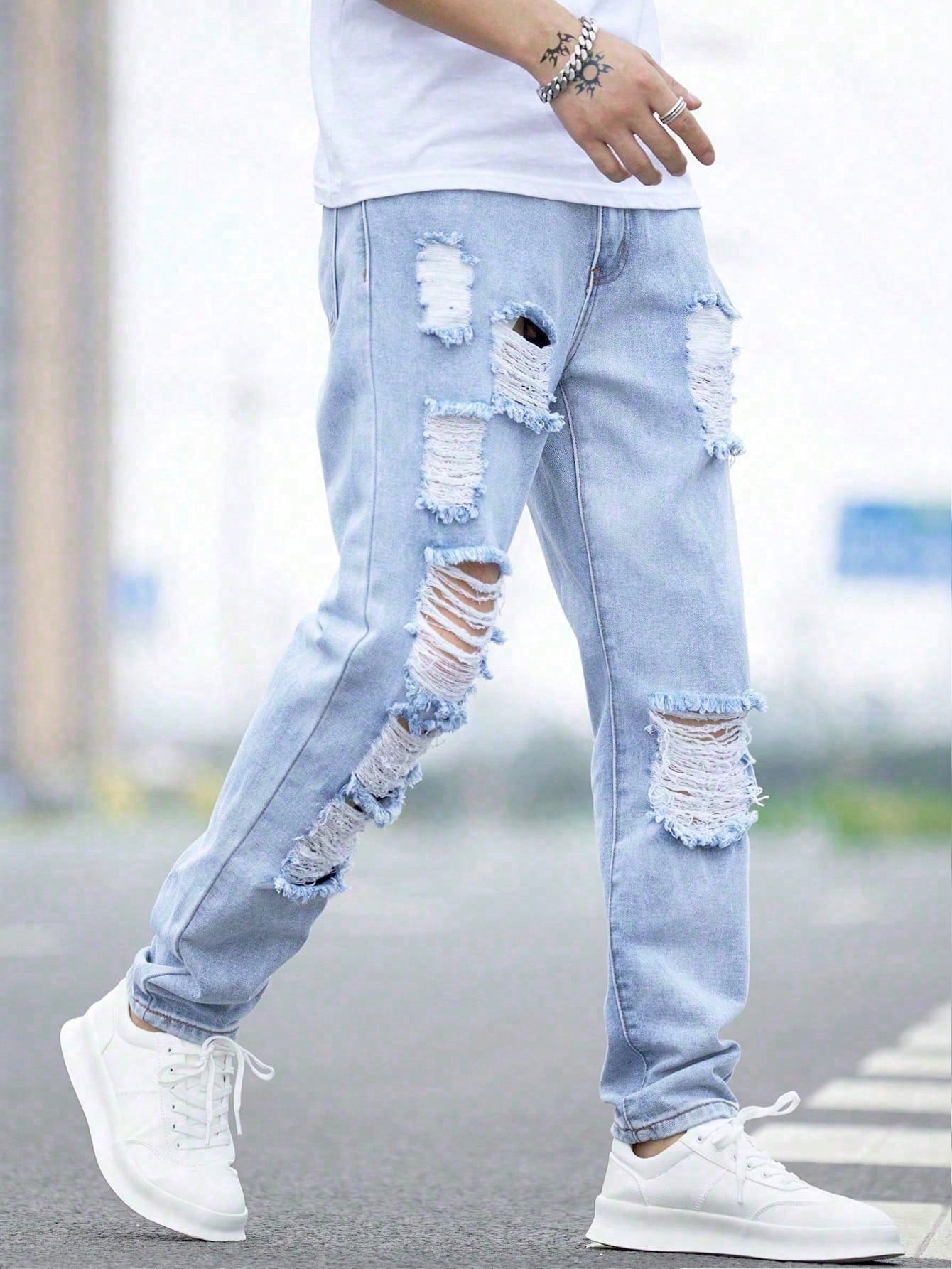 Men Cotton Ripped Frayed Cut Out Jeans Straight Leg Long Light Jean Cargo Plain Blue Party Street Wear Friends