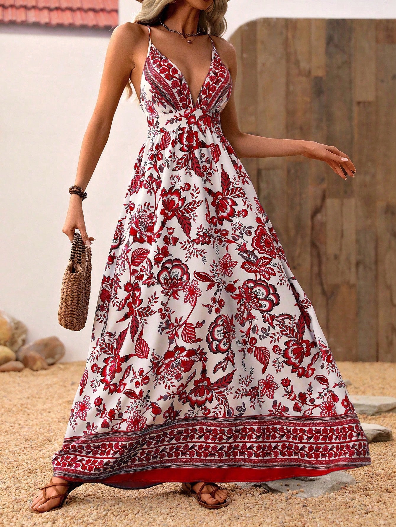 Flower Print Halter Neck Backless Dress