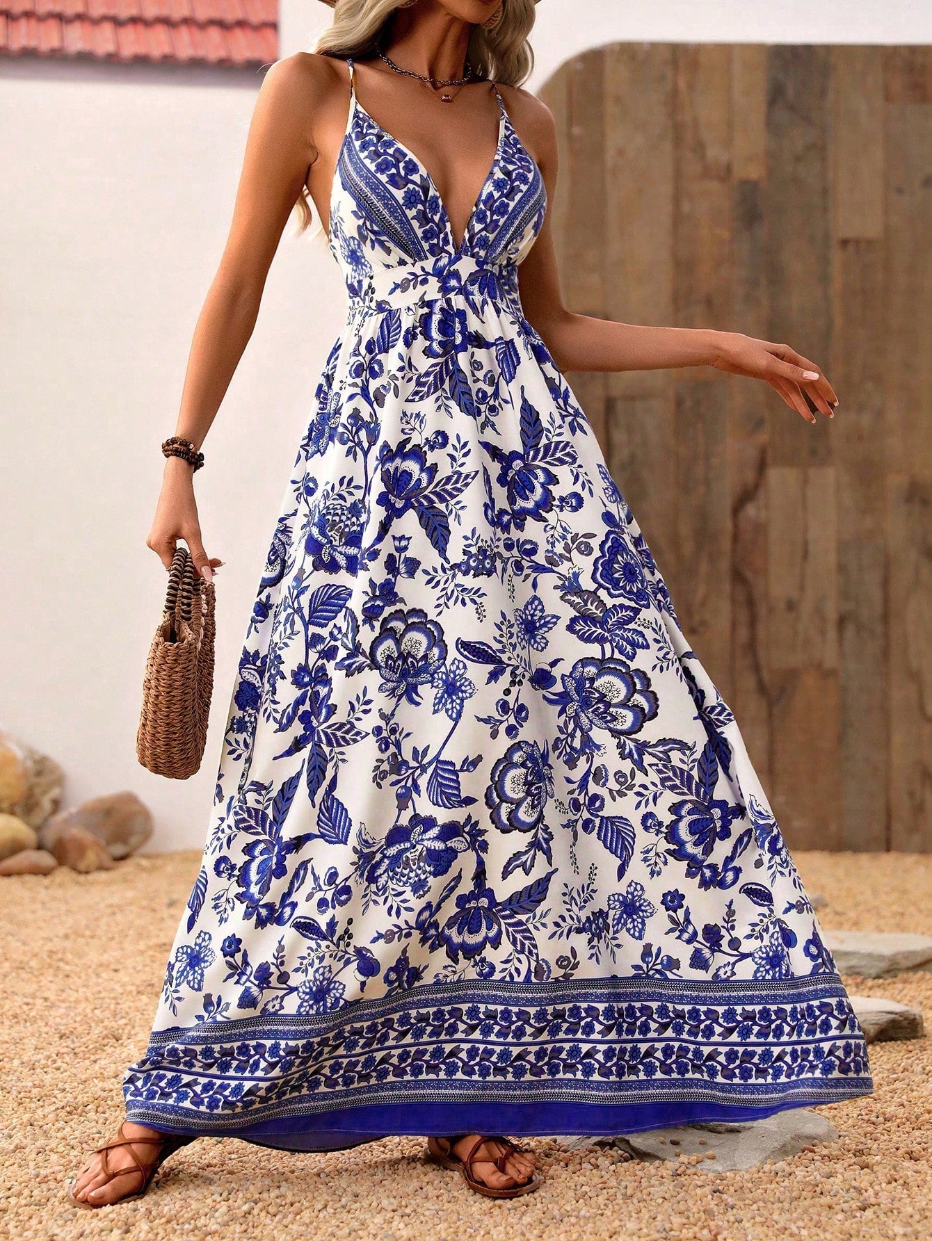 Flower Print Halter Neck Backless Dress