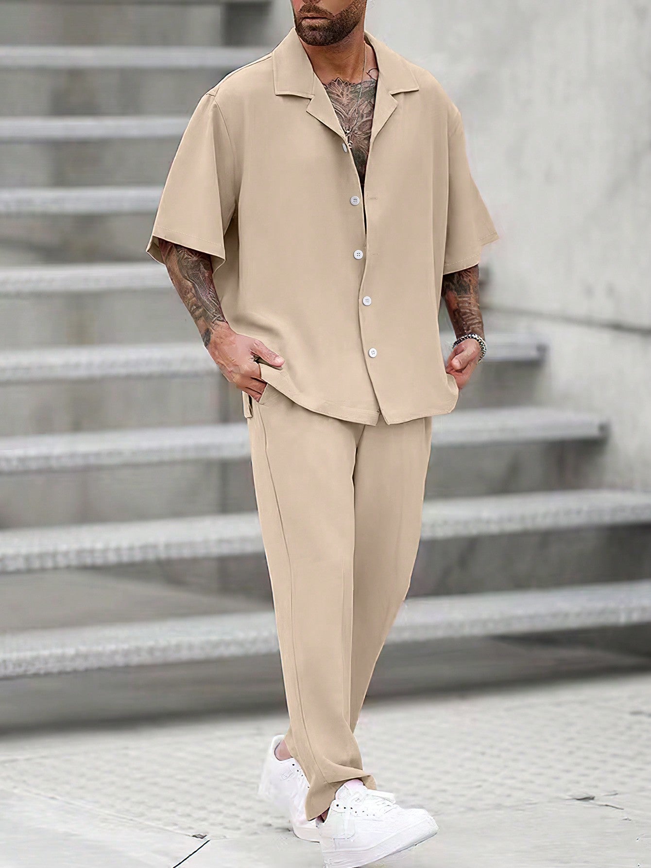 Loose Fit Men\ Solid Color Lapel Neck Shirt & Pants Set