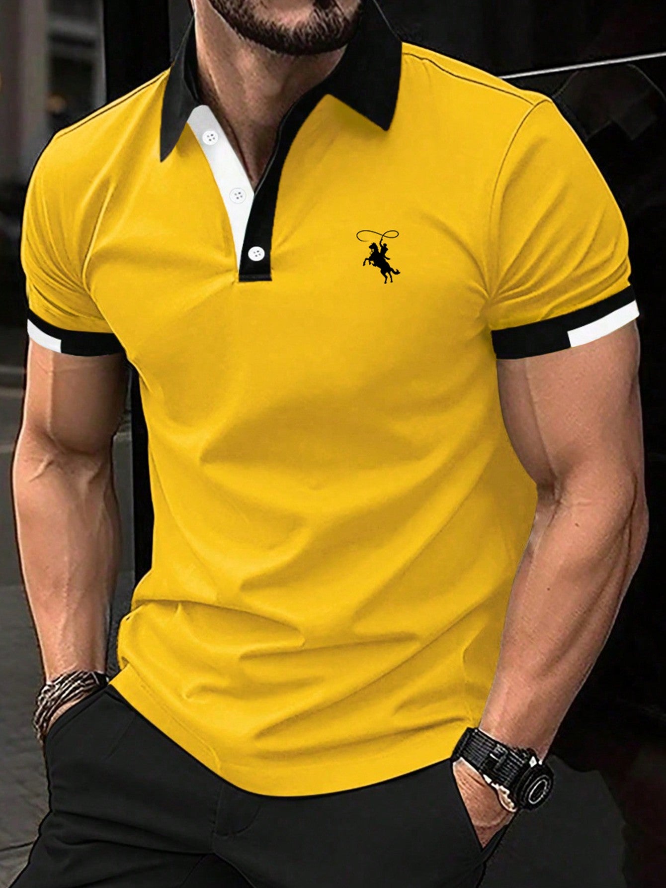 Men Horse Graphic Contrast Trim Polo Shirt