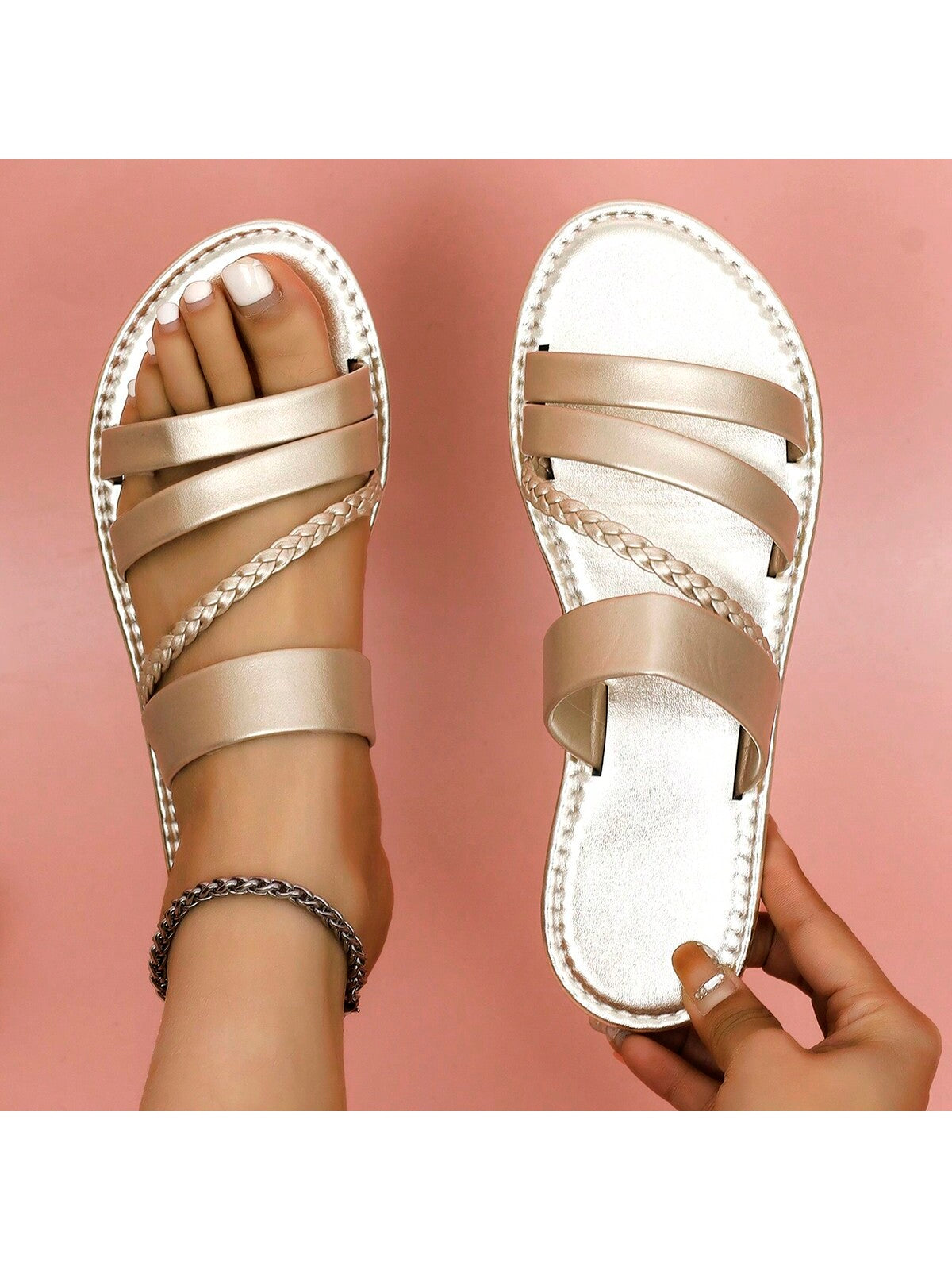 Women's Flat Sandals, Braided Straps Pink Slides, Perfect For Home Leisure And Beach Party