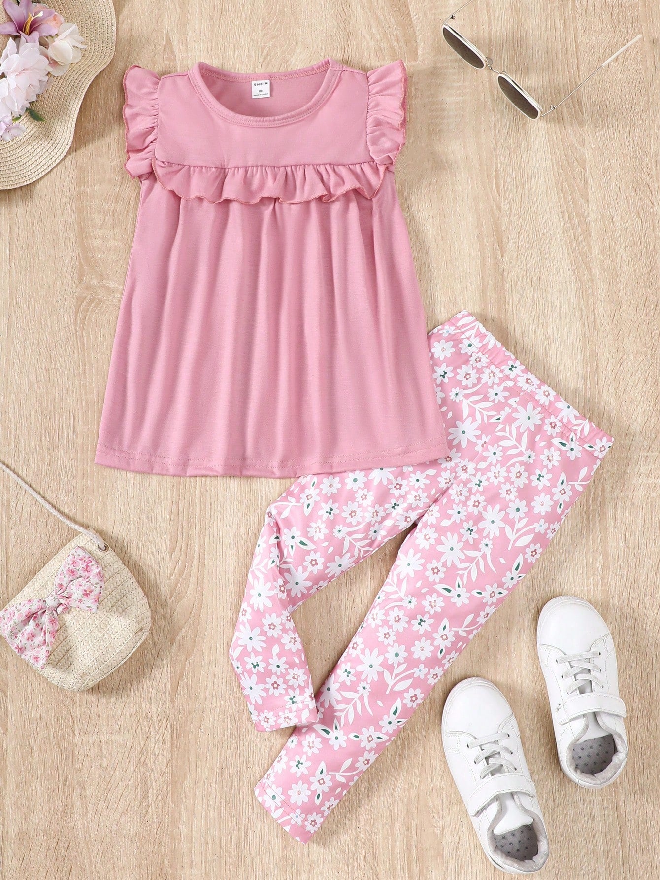 Young Girl Solid Color Ruffle Trim Decorated Round Neck Top And Floral Printed Pants