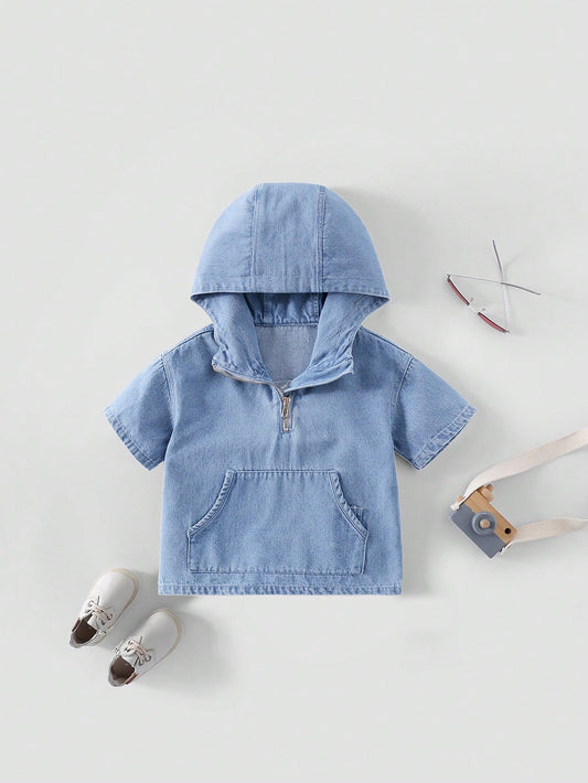 Young Boy Cool Street Style Medium Blue Washed Denim Jacket With Zipper & Half Placket And Hood