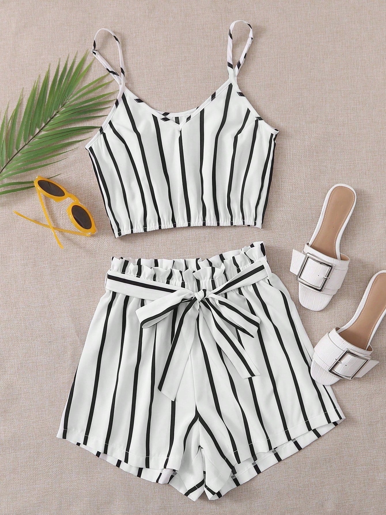 Striped Cropped Cami Top & Belted Paperbag Shorts Set