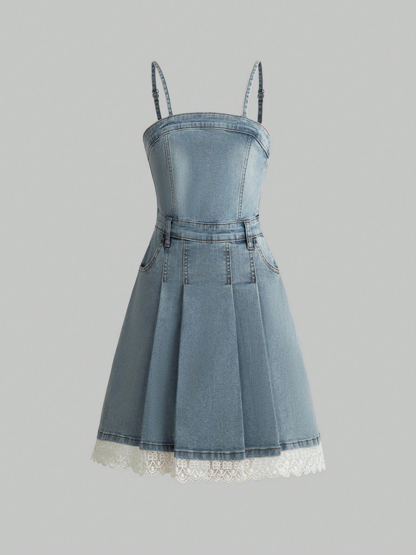 Streecool Kids Tween Girl Y2k Sweet & Cool Light Blue Washed Denim Dress With Lace Trim Detail & Spaghetti Straps