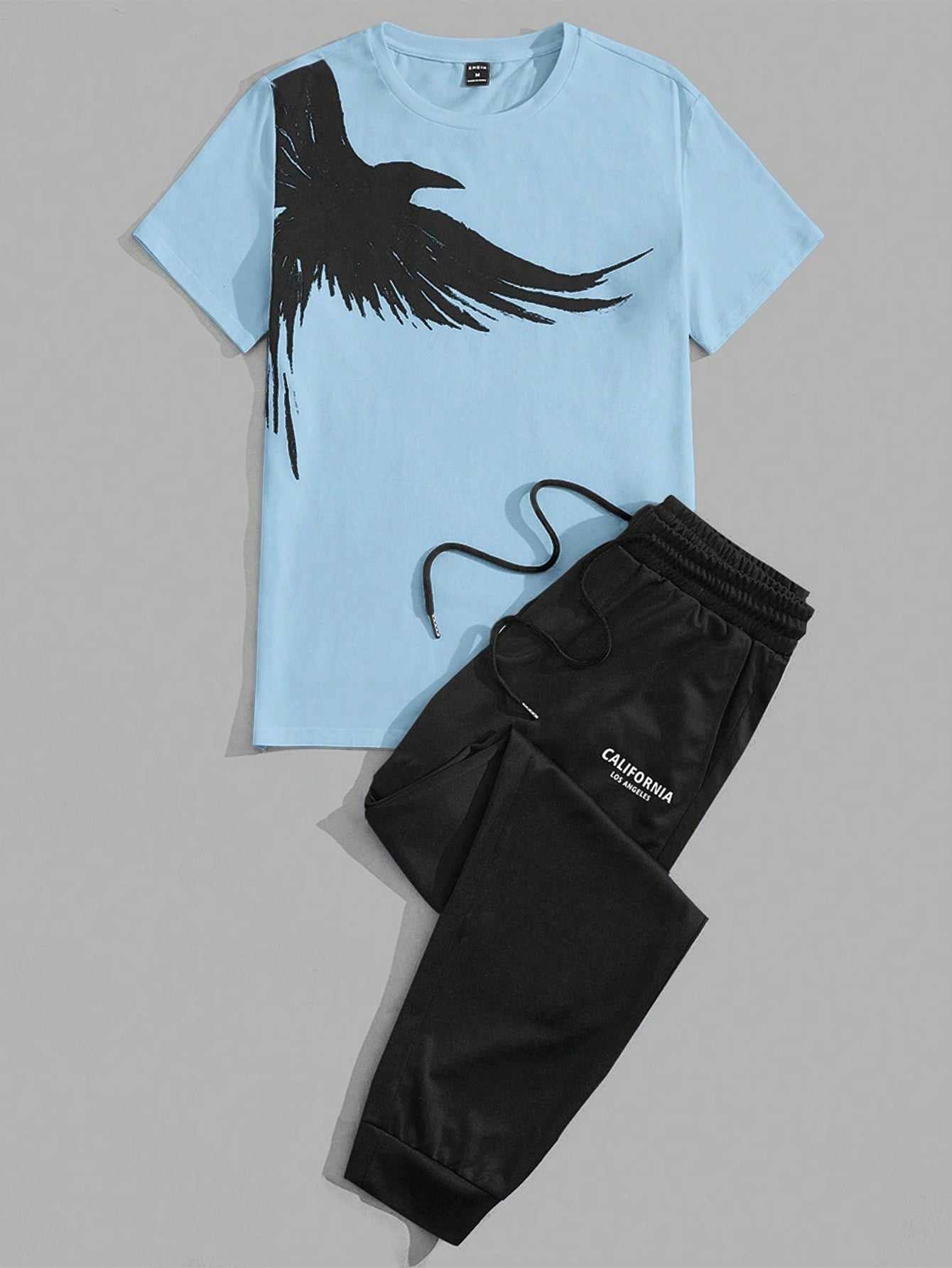 Men Cotton Eagle Print Tee & Letter Graphic Drawstring Waist Pants