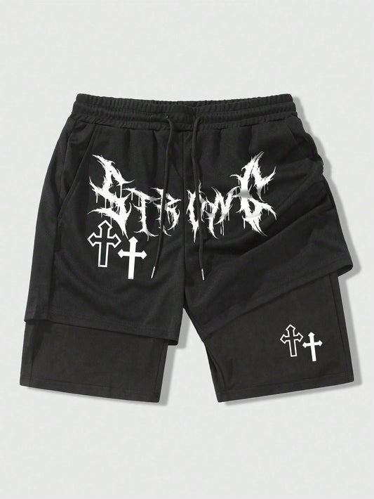 Goth Men's Gothic Style Breathable Shorts With 2 In 1 Design, Letter & Cross Print, Suitable For Daily Wear In Spring And Summer