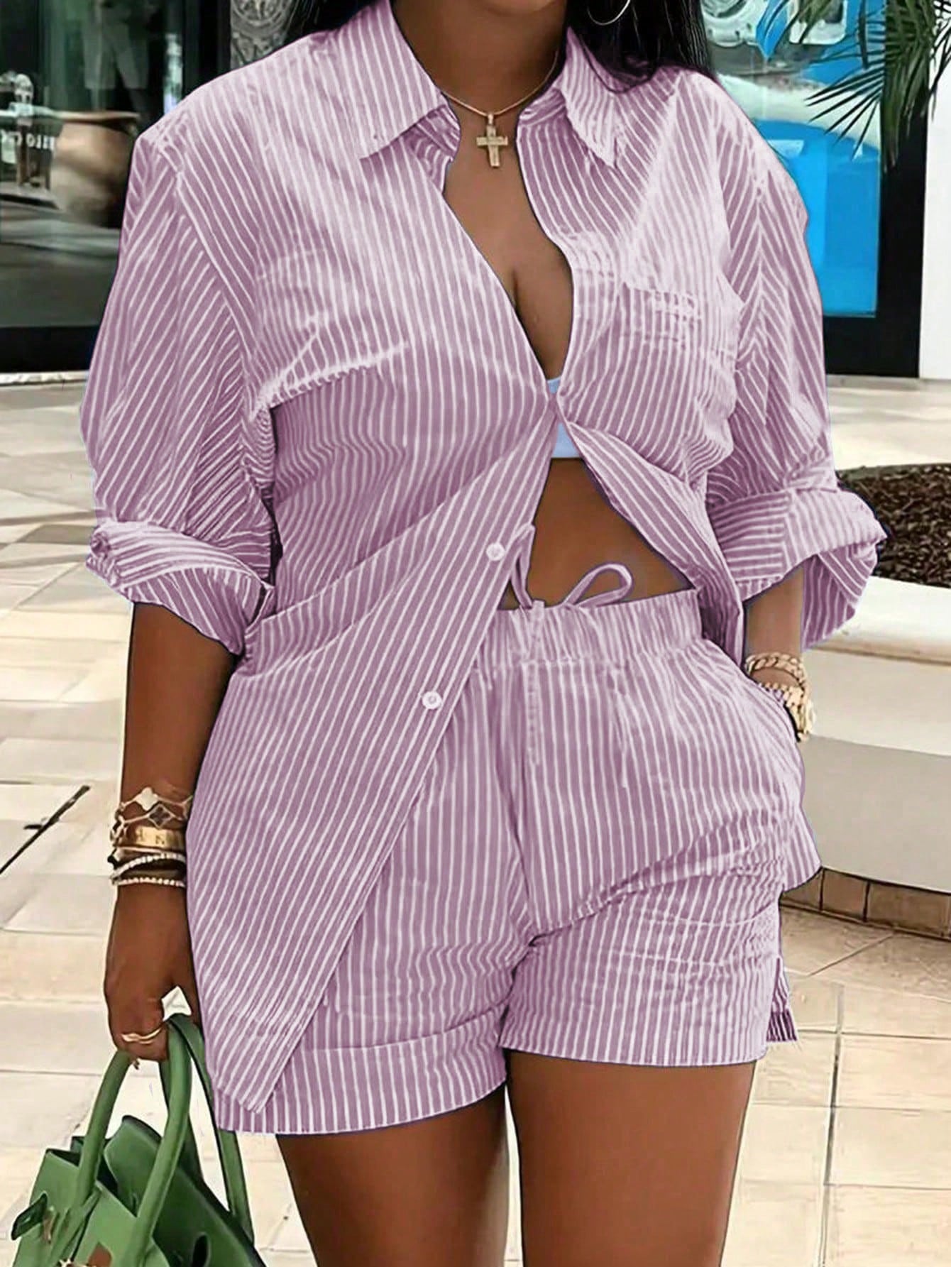 Plus Size Striped Long Sleeve Shirt And Shorts Casual Two Piece Set Short Sets Summer