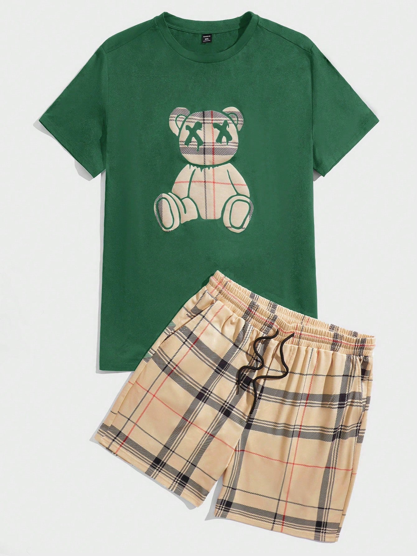 Men Plus Bear Print Tee & Plaid Drawstring Waist Shorts