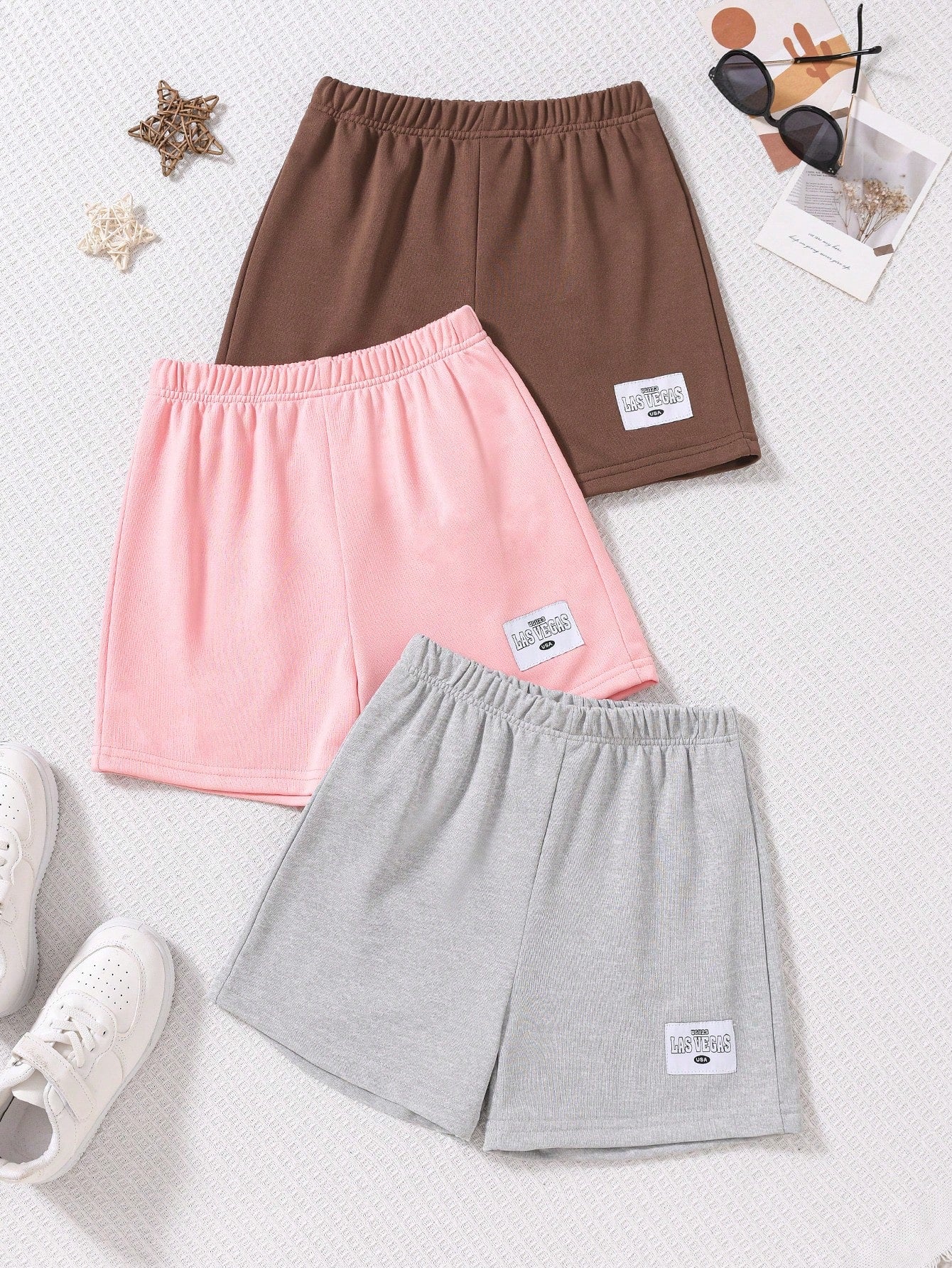 Kids Tween Girl Summer Casual 3pcs Set, Grey/White/Green Color Combination, Comfortable Shorts Outfit