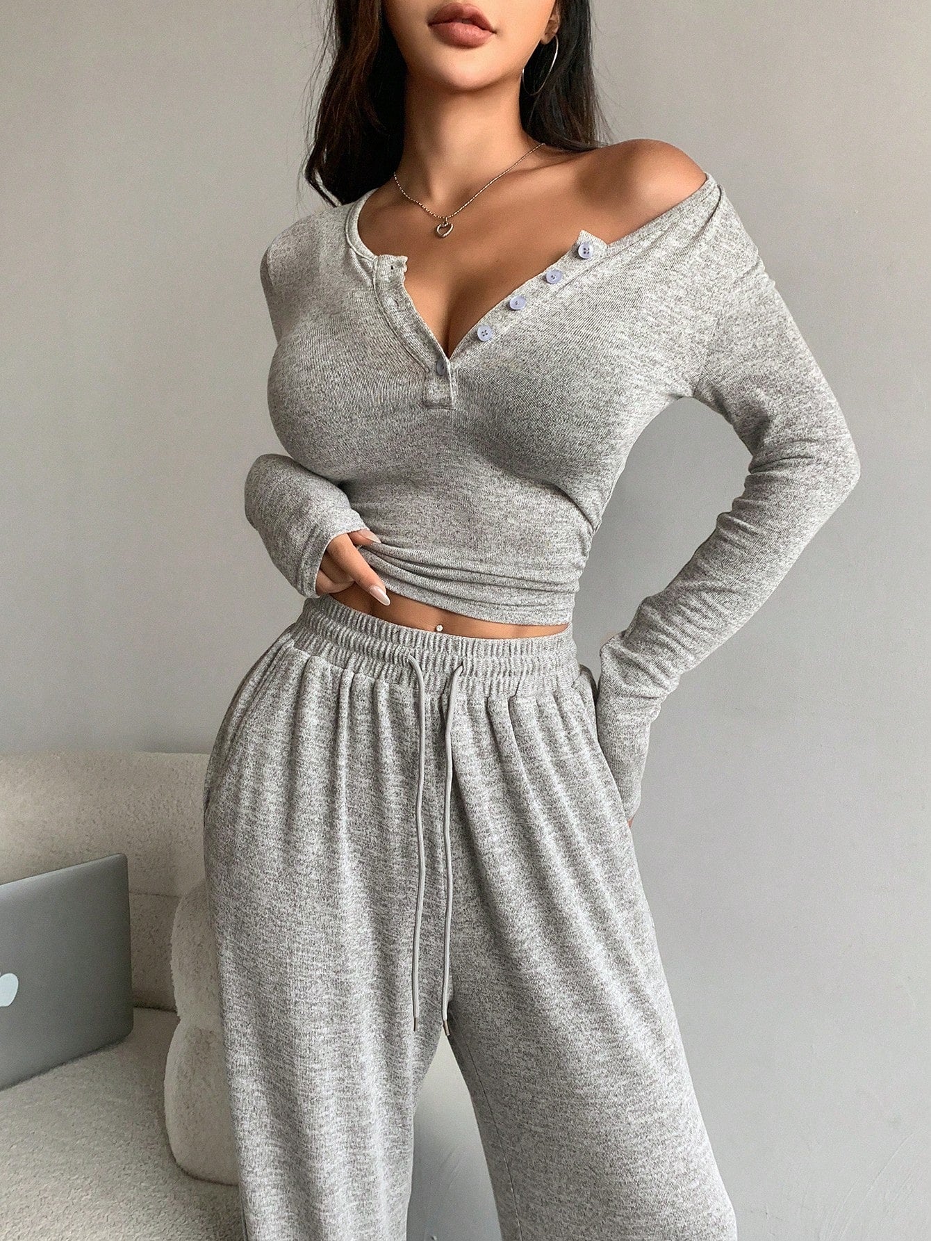 Women's Solid Color Button Placket Long Sleeve T-Shirt And Pants Two-Piece Set