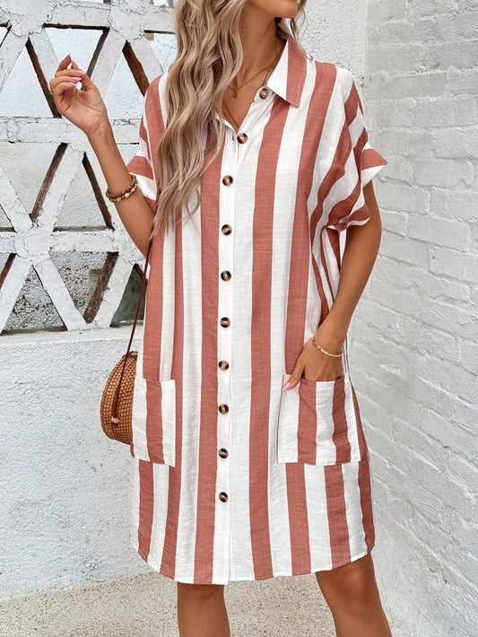 Vertical Striped Shirt Dress For Women, Wide Spacing For A Slimming Effect