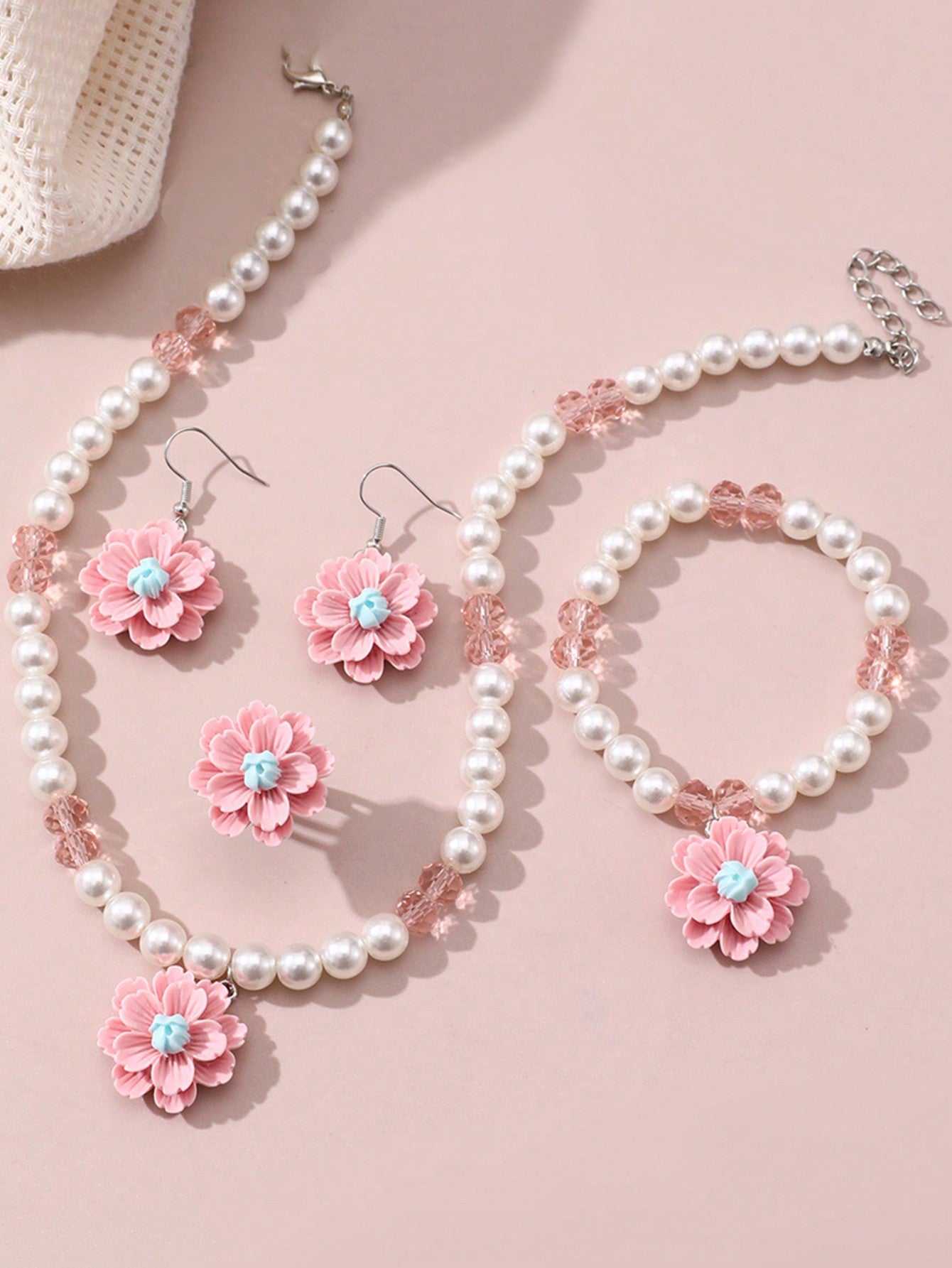 1pc Necklace, 1pc Bracelet, 1pc Ring, 1pair Earrings Set With Sweet Faux Pearl Flower Pendant, Children's 4pcs Jewelry Set